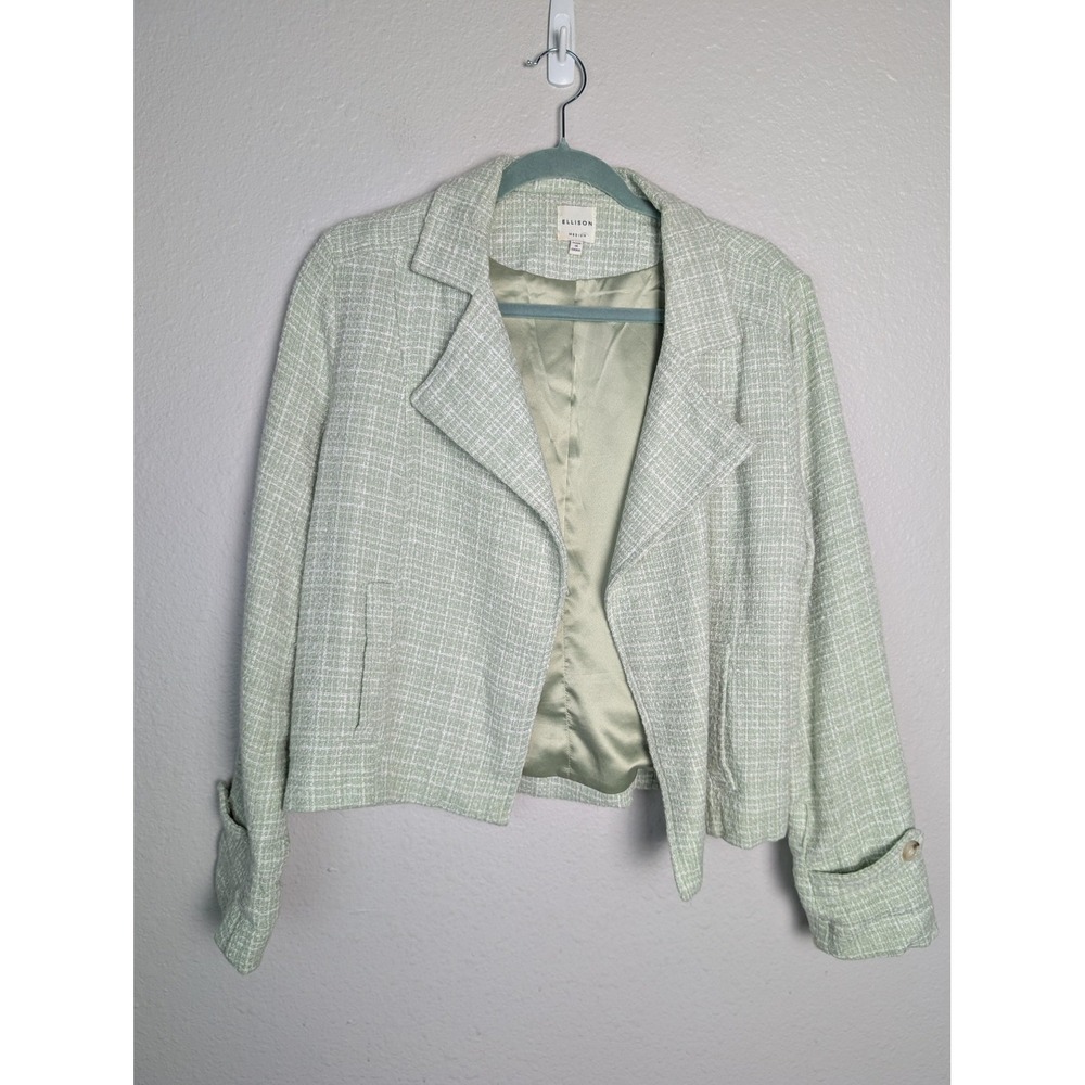 Ellison Blazer Womens M Green Acrylic Polyester Tweed Lined Cropped No Button‎
